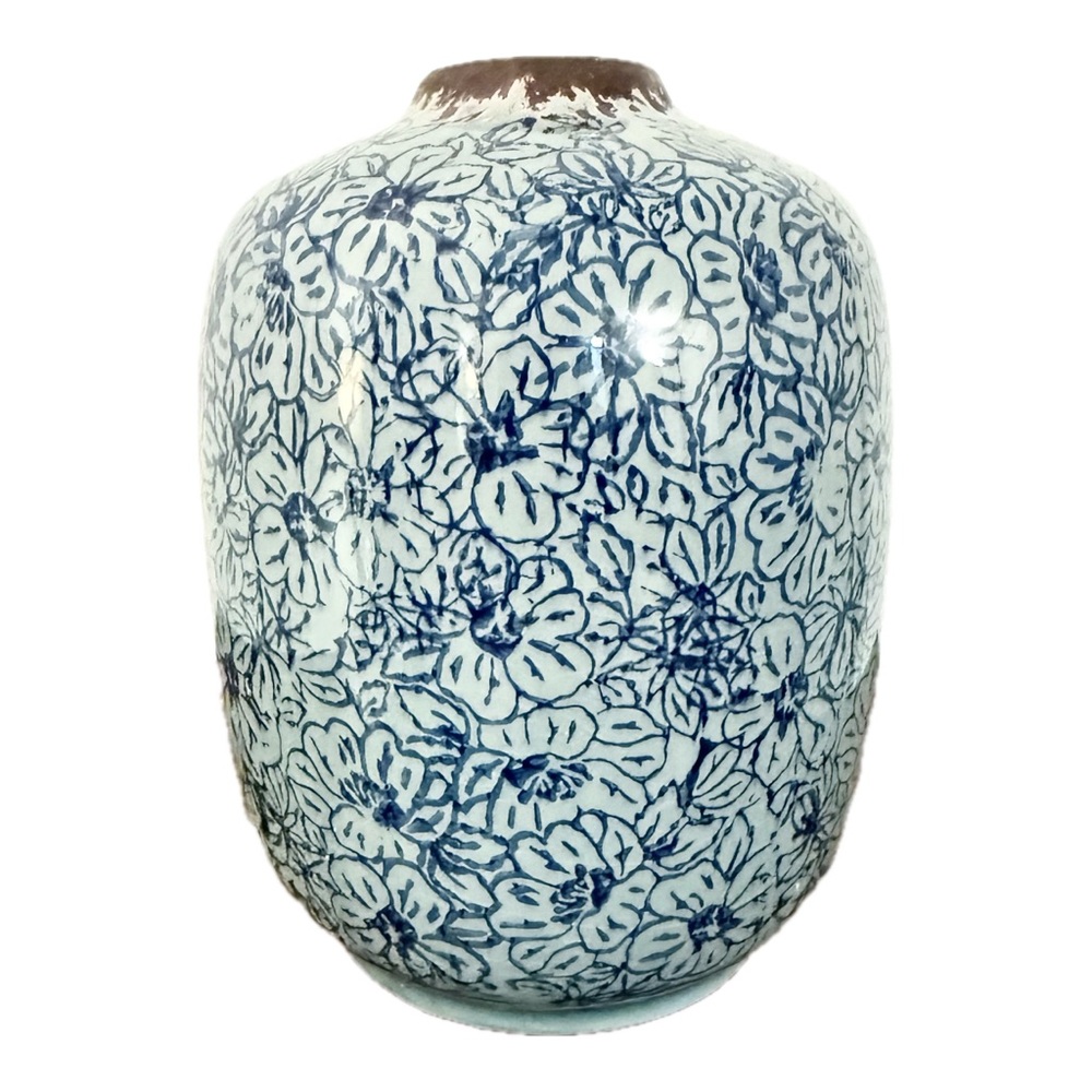 Creative Co-Op Distressed Blue Terra-Cotta Vase with Floral Pattern NIB